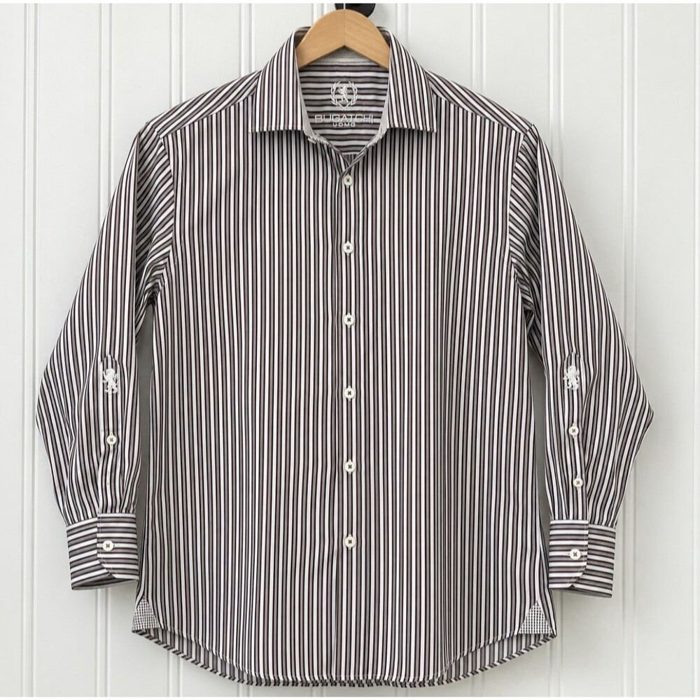 Bugatchi Uomo Men's 16.5 34/35 Brown White Black Stripe Dress Shirt Lion Logo
